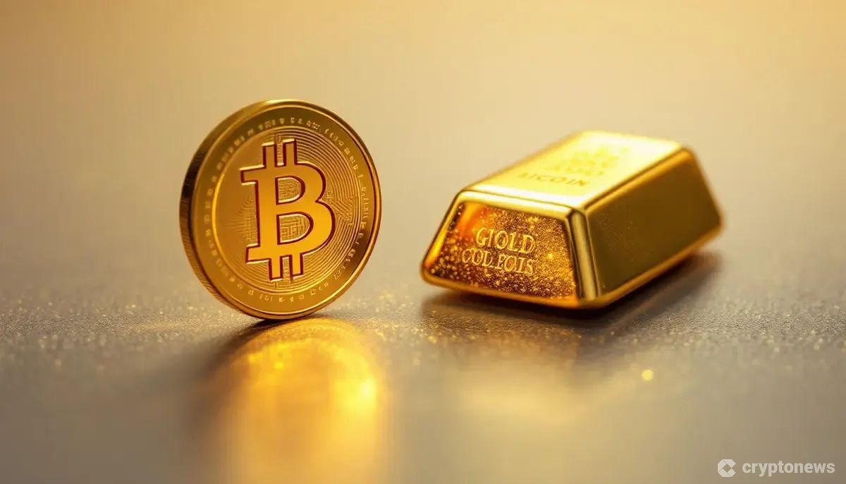 金の延べ棒と輝くビットコインのコインが並ぶイメージ