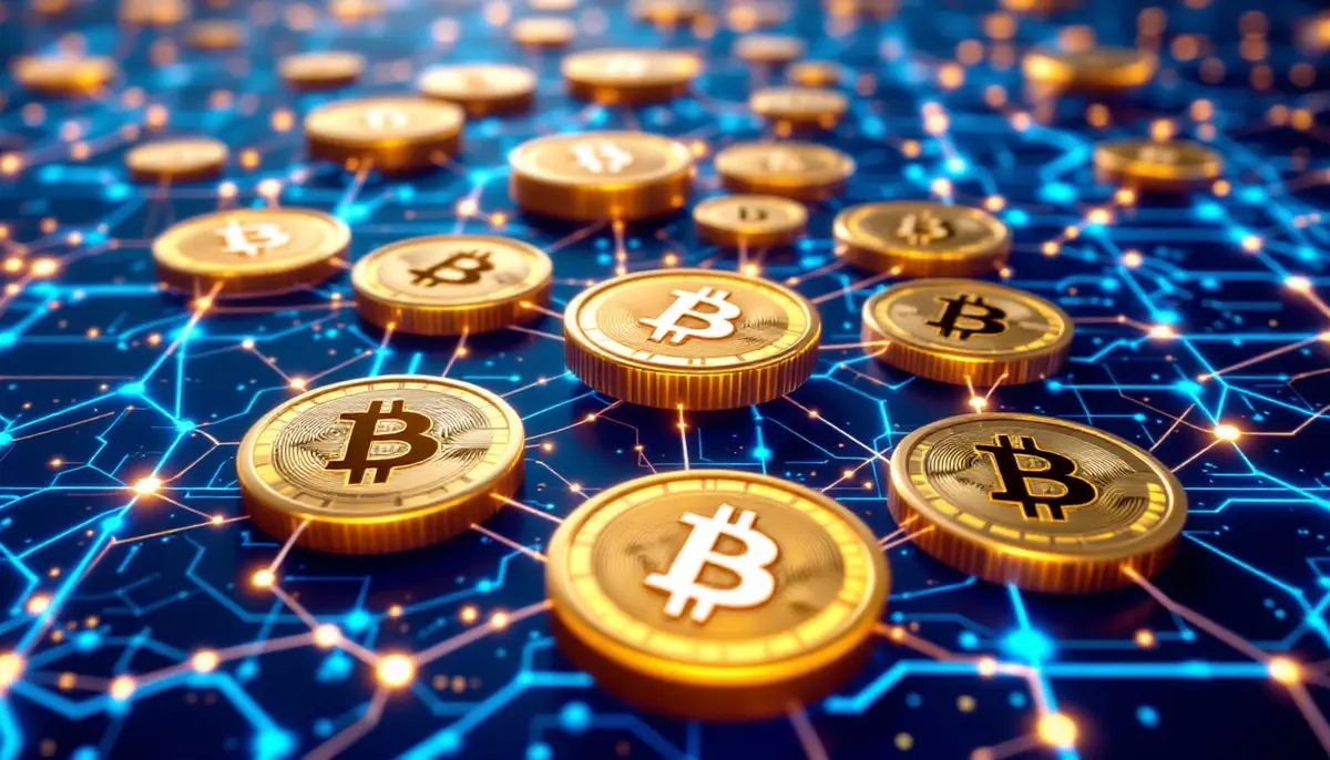 複数のデジタルコインがチェーンで結ばれたブロックチェーンネットワークのイメージ