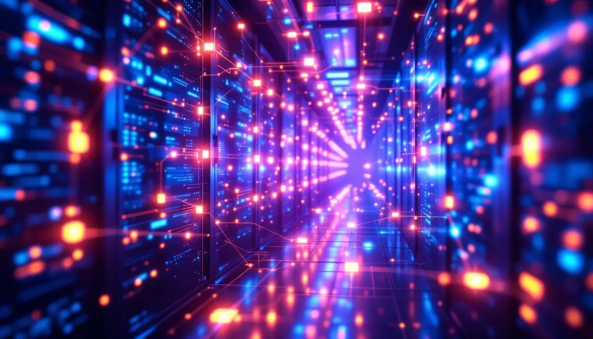 近未来的なサーバールームで軽量なノードが相互接続しているイメージ