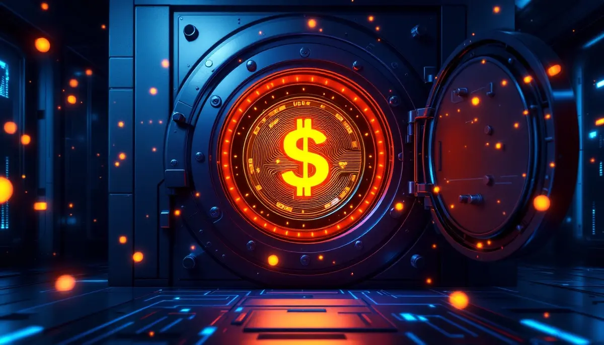 デジタルな米ドルコインがブロックチェーン上で光っている近未来的な銀行の金庫