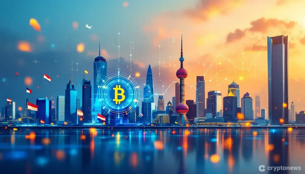ビットコインのデジタルシンボルと国旗、企業ビルが並ぶグローバルな金融都市のイメージ