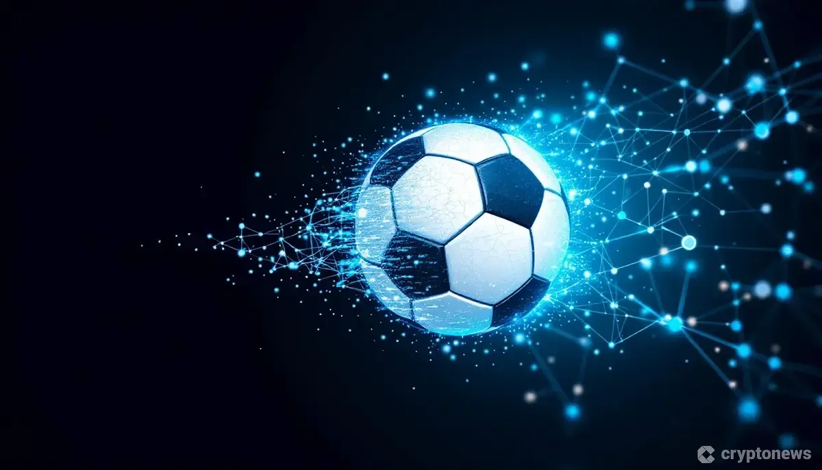 サッカーボールがブロックチェーンネットワークに変化する抽象的なイメージ。