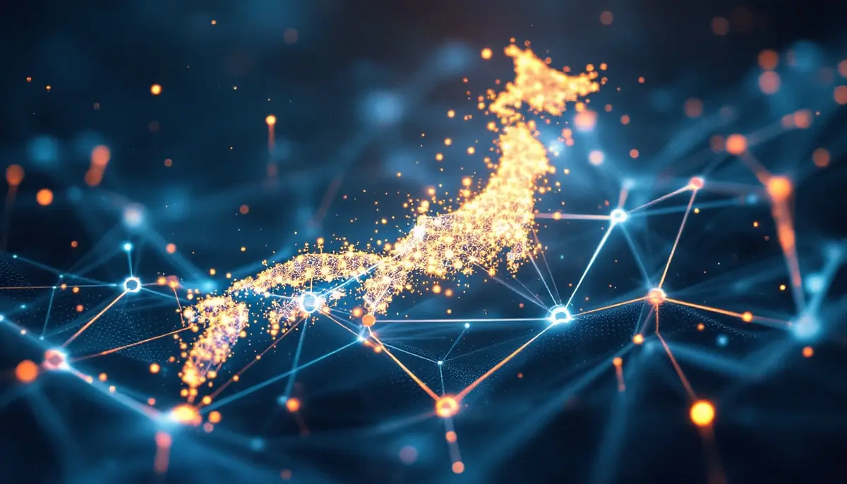 日本のポップカルチャーと未来的なブロックチェーンネットワークが融合する抽象的なイメージ。アニメ風の視覚的要素が微かに表現されている。