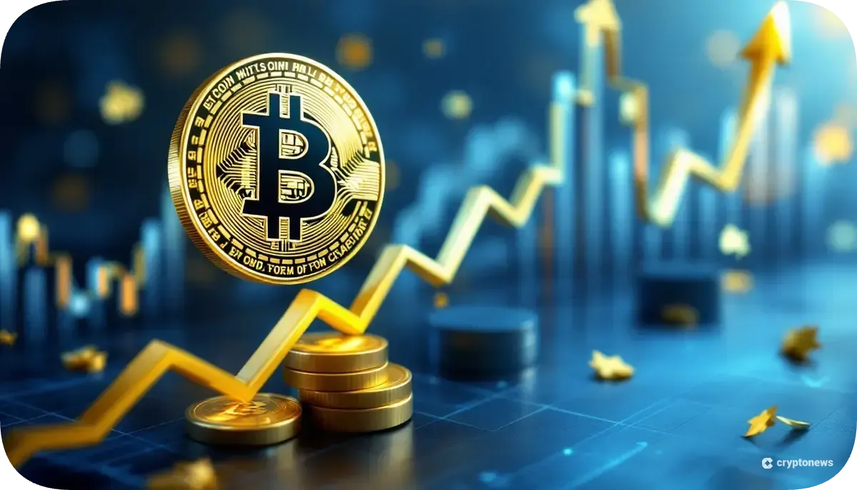 上昇する金融チャートの上に浮かぶ金色のビットコインと富の象徴