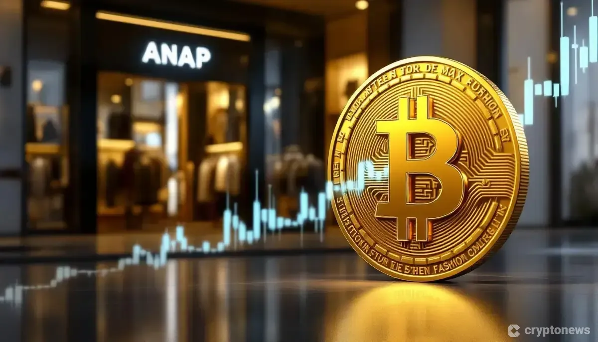 ファッションブランドANAPのロゴとビットコインシンボルが融合した未来的なイメージ