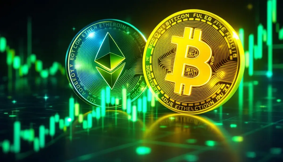 上昇する金融チャートを背景に、緑色に輝くビットコインとイーサリアムのコイン