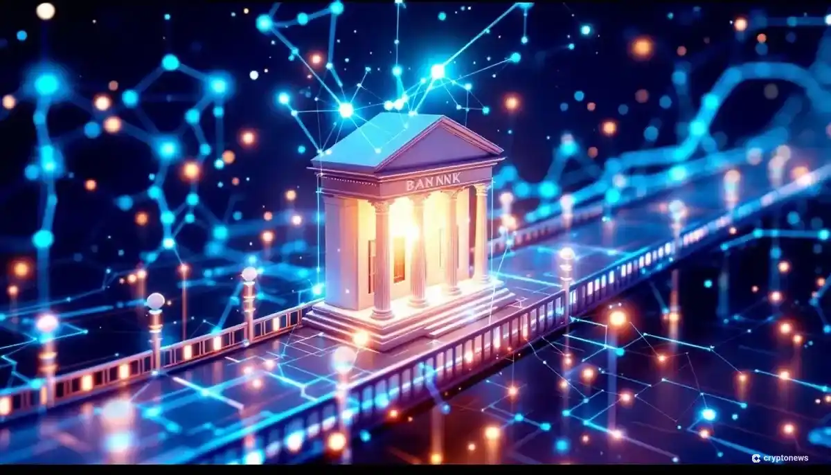 伝統的な金融機関と未来的なブロックチェーンネットワークを繋ぐデジタルな橋の3Dレンダリング画像