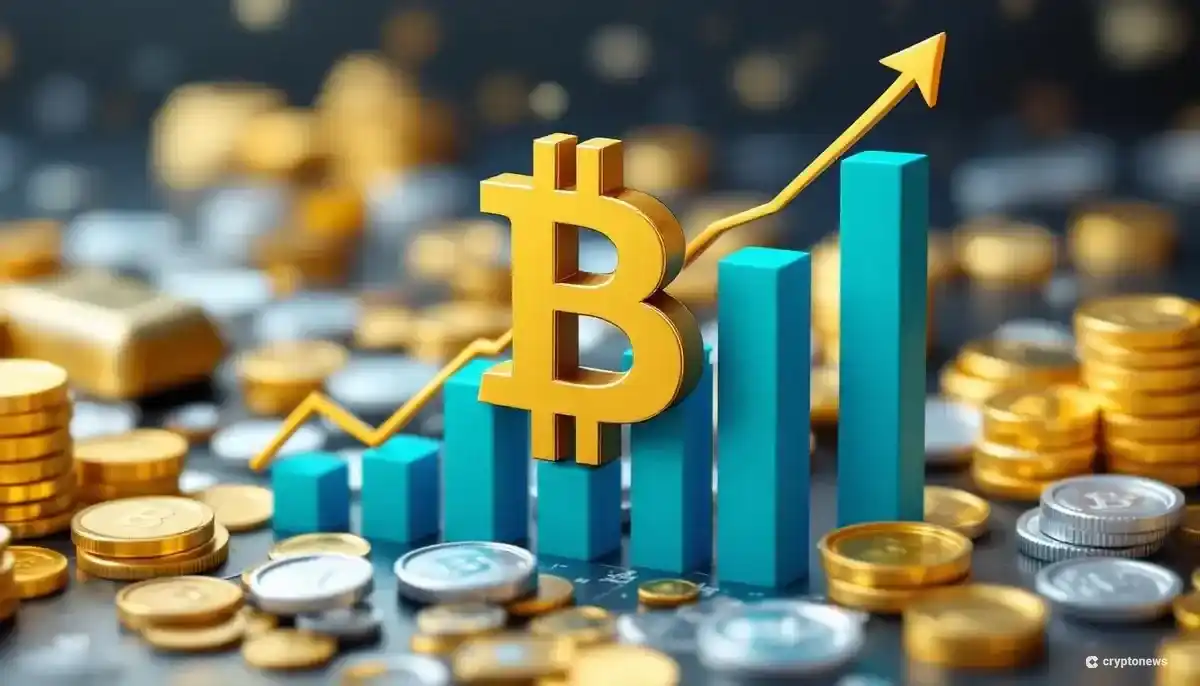 金や銀のコインを背景に、金融グラフの上を上昇するビットコインのシンボル