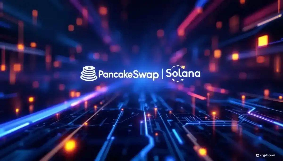 PancakeSwapとソラナのロゴがデジタル空間で接続されているイメージ