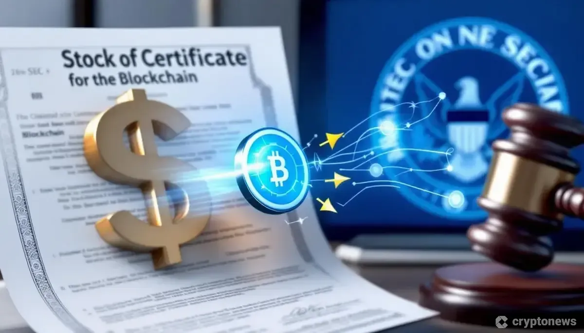 ブロックチェーンと証券規制を象徴するデジタル化された株券とSECのロゴ