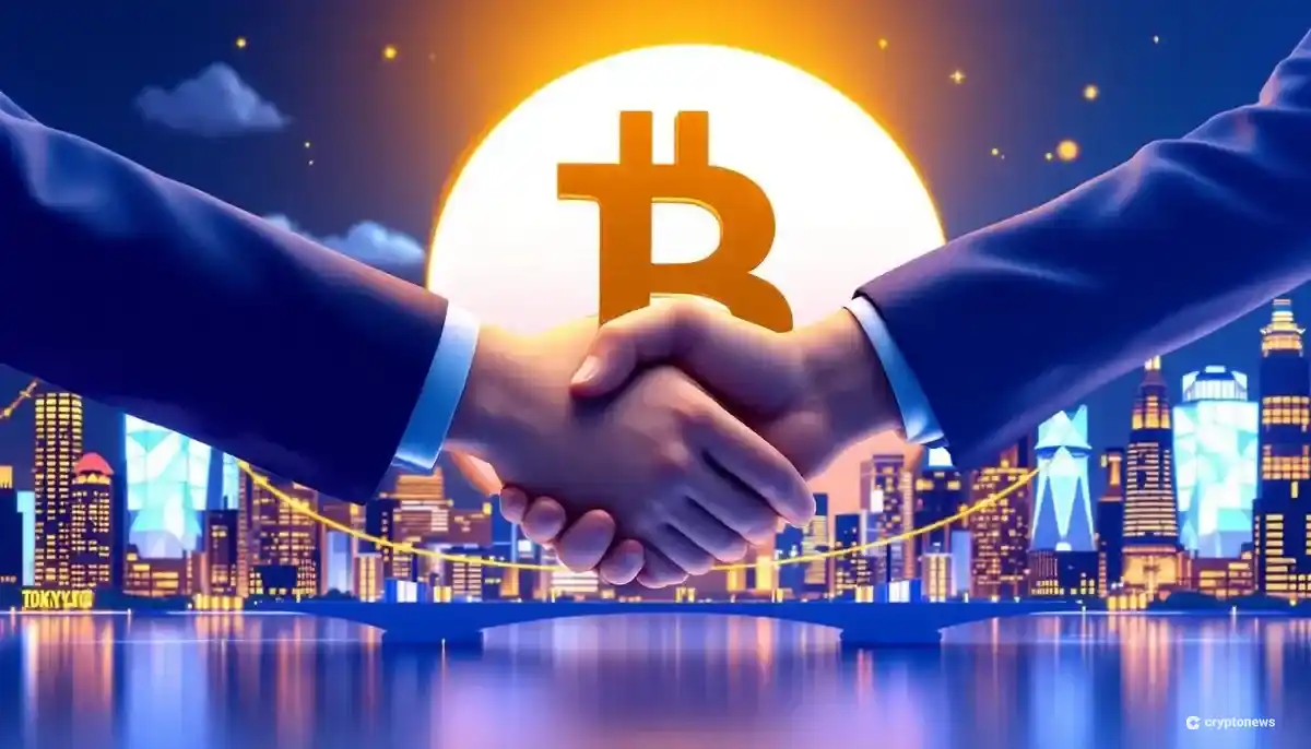 ビットコインを背景に握手するビジネスマン。企業の戦略的買収を象徴する画像。