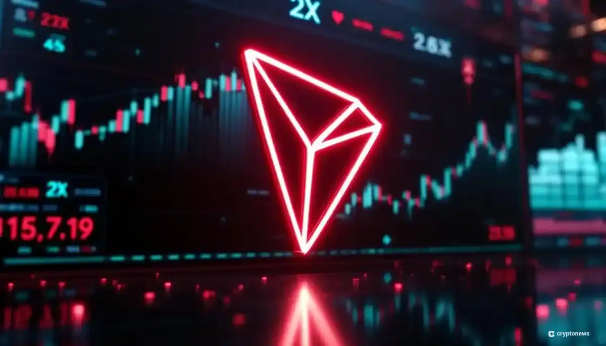 未来的な金融データ画面を背景に、赤く光るトロン(TRX)のロゴと「2X」の文字が描かれた画像