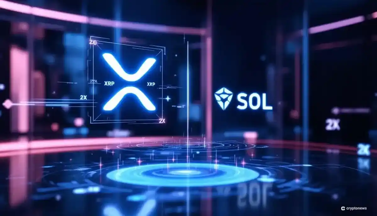 リップル(XRP)とソラナ(SOL)のロゴが描かれたレバレッジETFのイメージイラスト