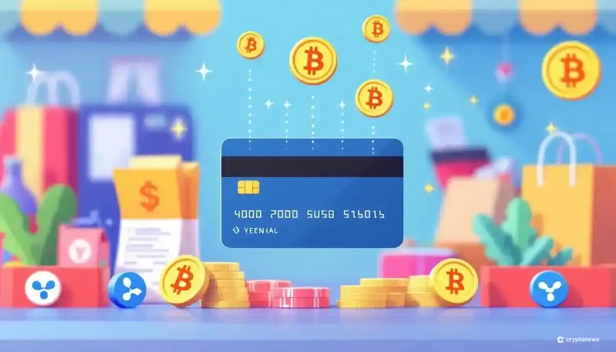 クレジットカードからXRP、ビットコイン、イーサリアムのアイコンが流れ出るイラスト。