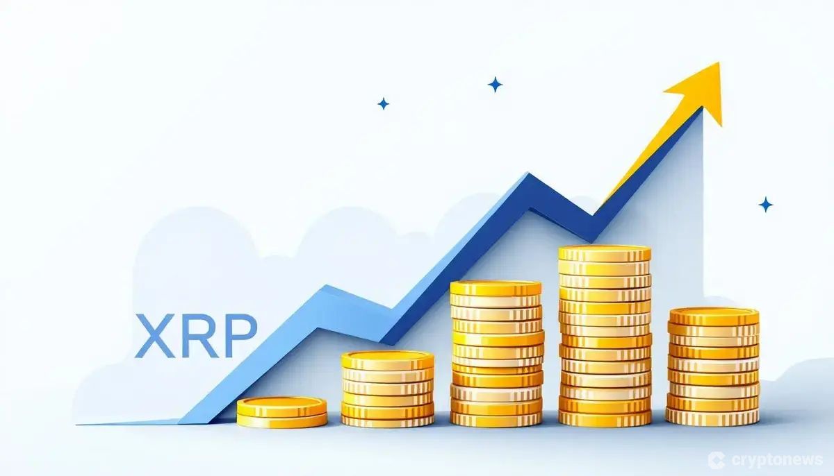 XRPのロゴと右肩上がりのグラフが描かれたイラスト。仮想通貨の利回りサービスを象徴している。