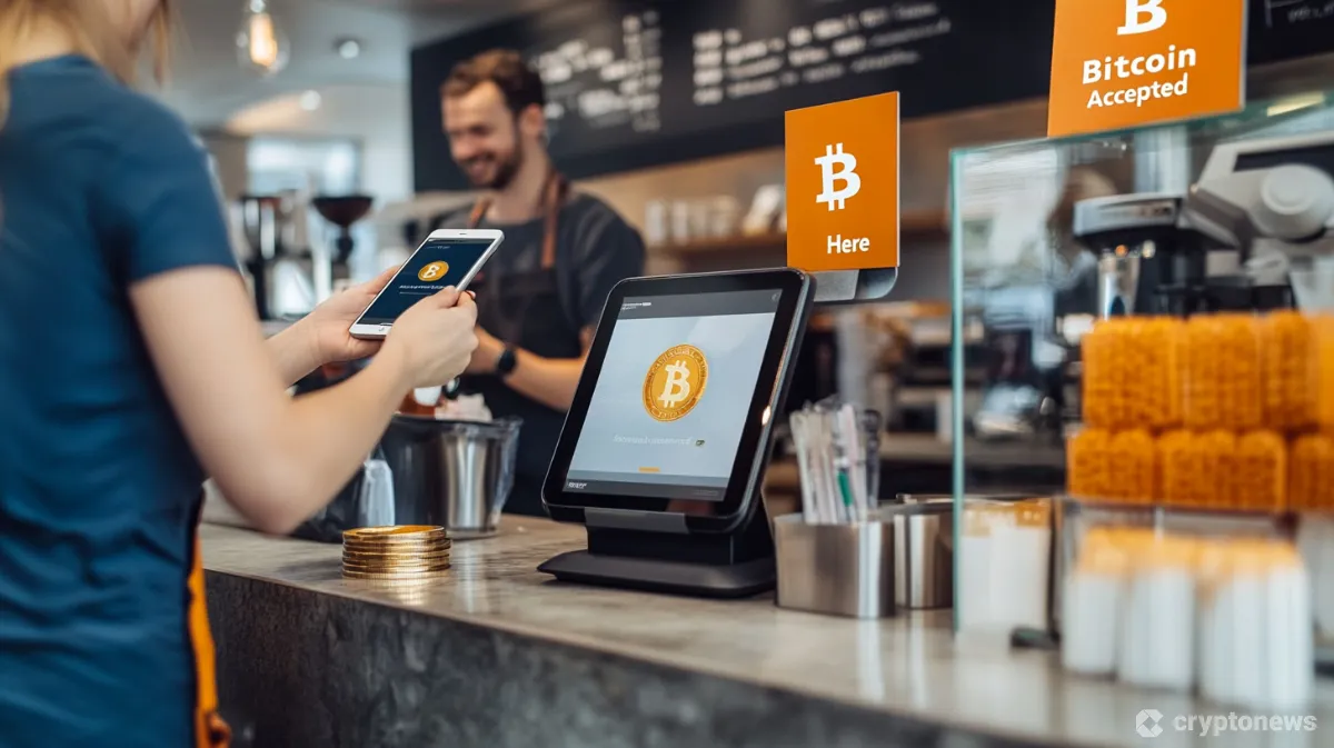 店員とスタッフが立ち、スクエア(Square)の店舗でビットコイン決済をするイメージ