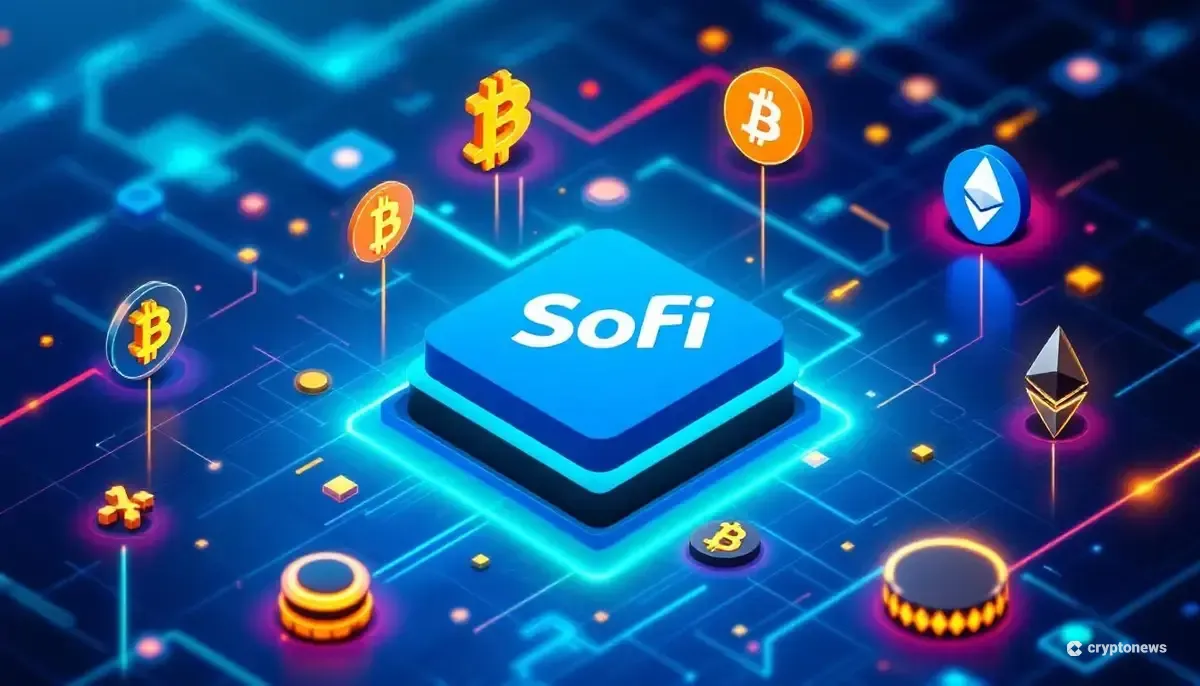 SoFiのロゴと暗号資産のシンボルが融合した未来的なイラスト