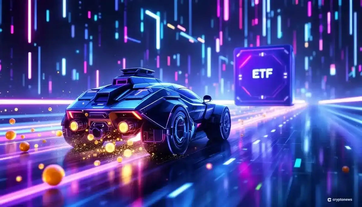 イーサリアム財務企業とETFの比較を表すサイバーパンク風の画像