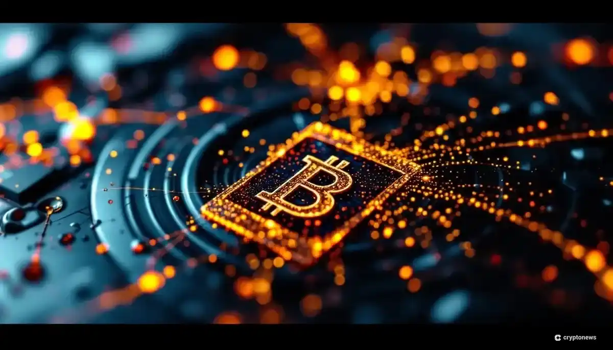 ハーバード大学とビットコインのロゴが融合し、結晶化していく様子を示す抽象的な画像