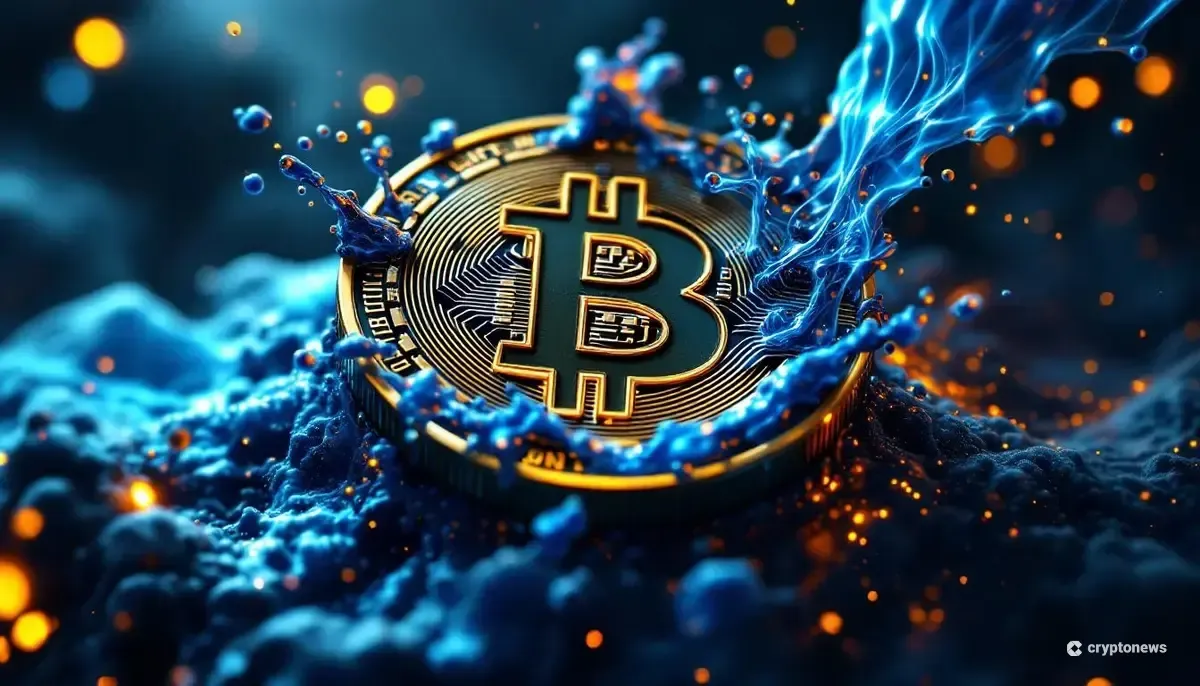 ビットコインが史上最高値に迫り、ショートポジションを清算する様子を表現した抽象的なイメージ