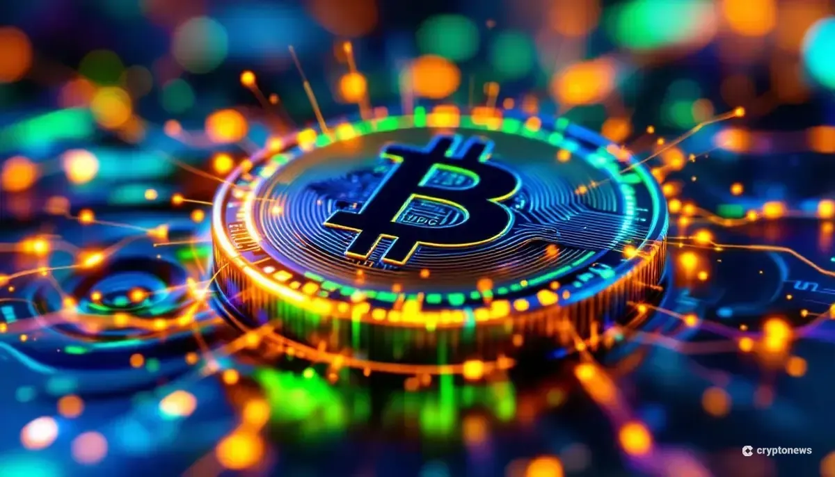 USDCコインが輝くデジタルな円弧と融合する未来的なブロックチェーンのイメージ