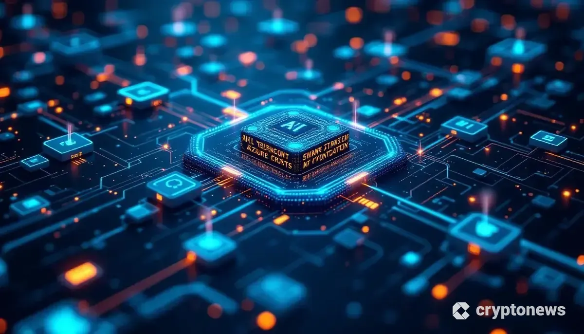 AIによるスマートコントラクト生成を象徴する未来的なブロックチェーンインターフェース