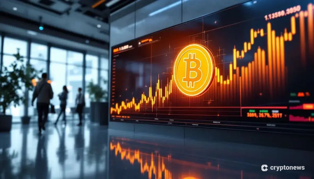 ビットコイン関連事業による企業業績の成長を示すデジタル画面