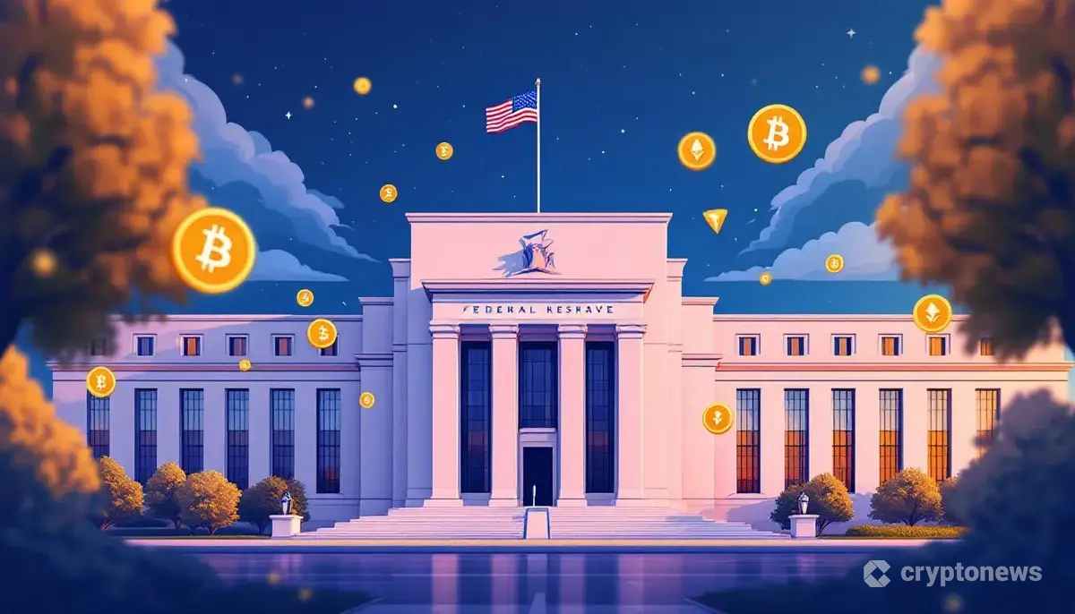 米連邦準備制度理事会と仮想通貨を象徴する融合的なイメージ