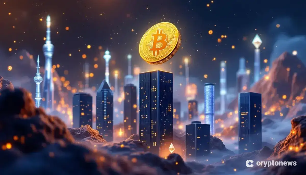 ビットコインが上昇しイーサリアムが後退する未来的な金融イメージ