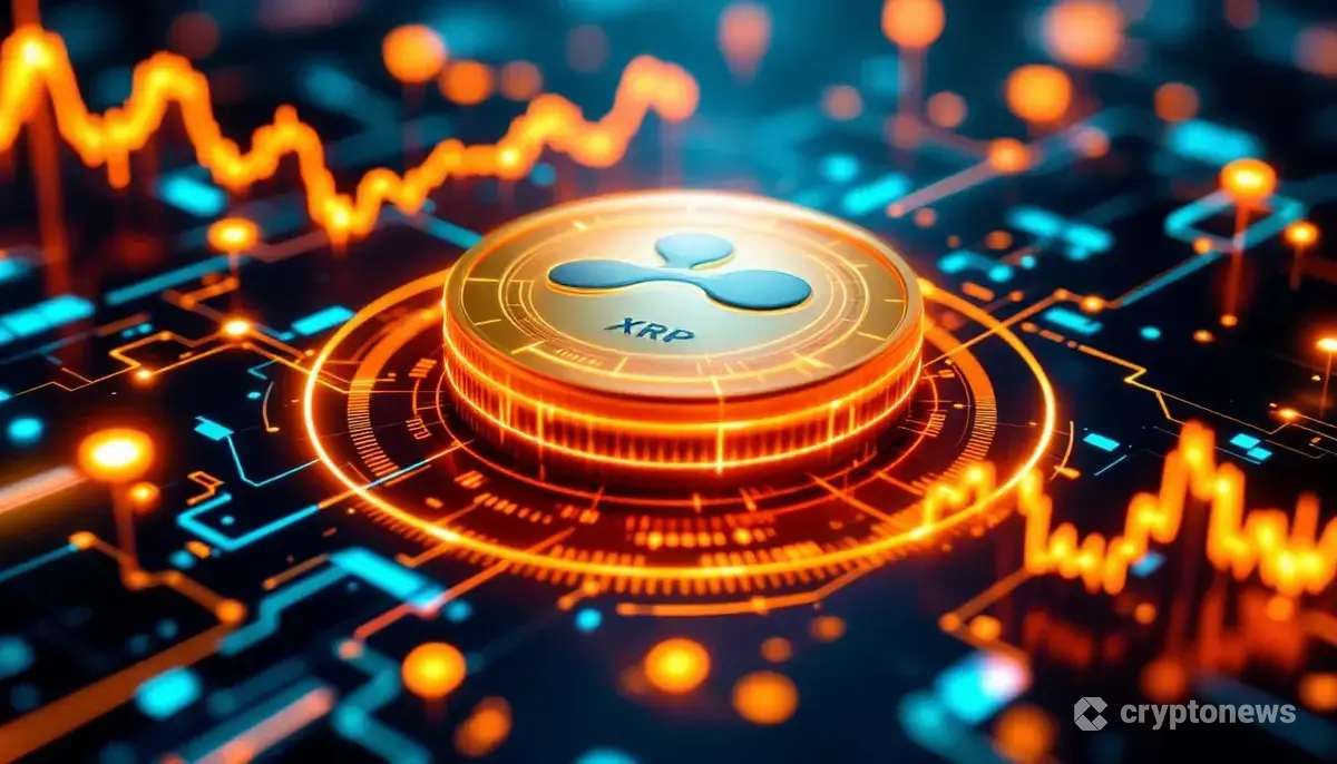 リップル(XRP)のロゴと強気のチャートパターンを示す未来的なデータ画面
