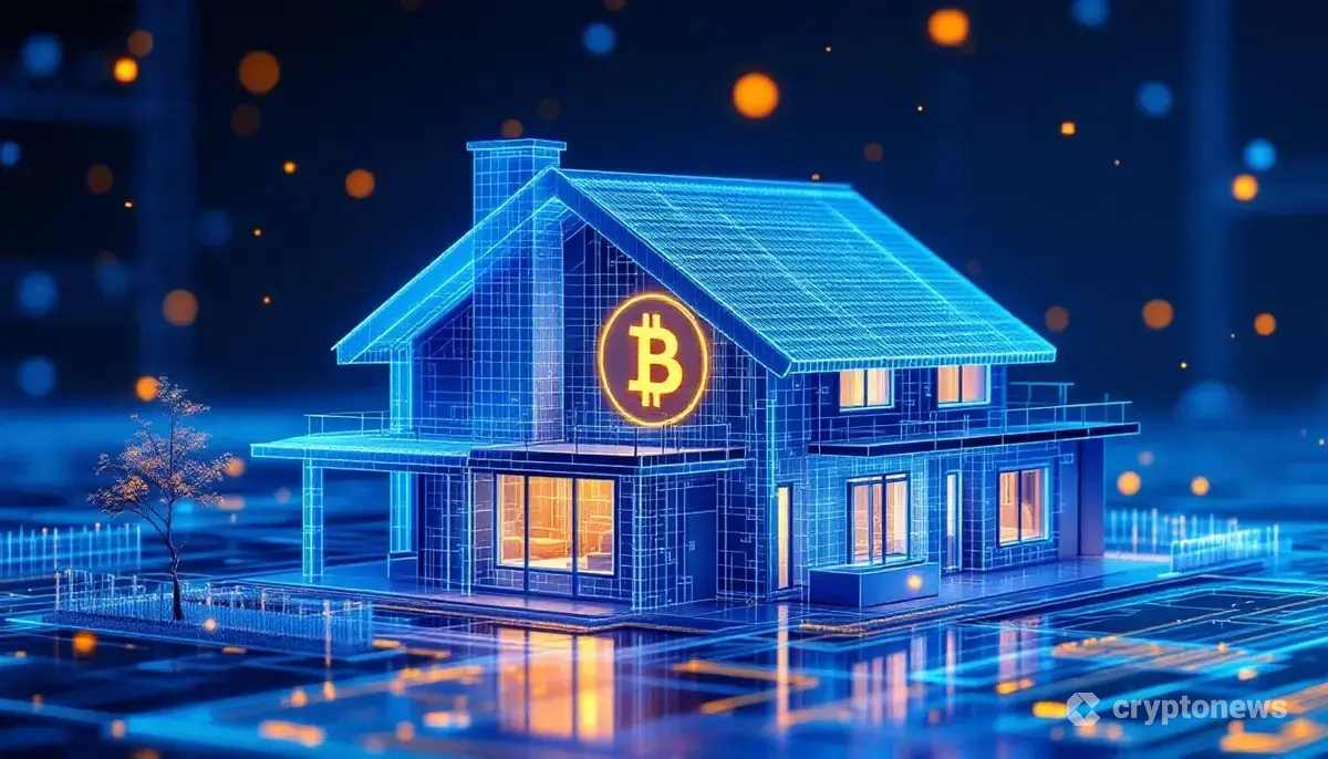 3Dプリンター住宅の設計図にビットコインのロゴが組み込まれた未来的なイメージ