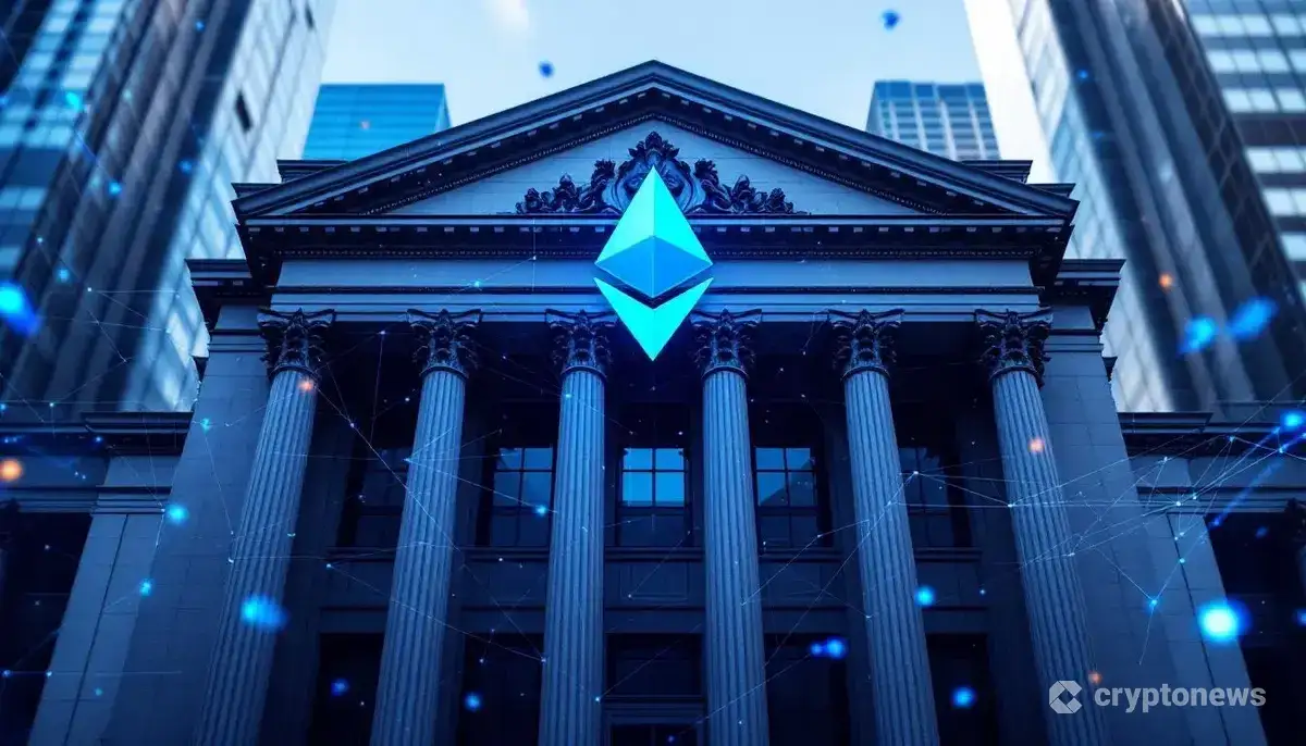 イーサリアムのロゴと伝統的な銀行の建物が融合し、伝統金融とデジタル資産の結合を象徴する画像