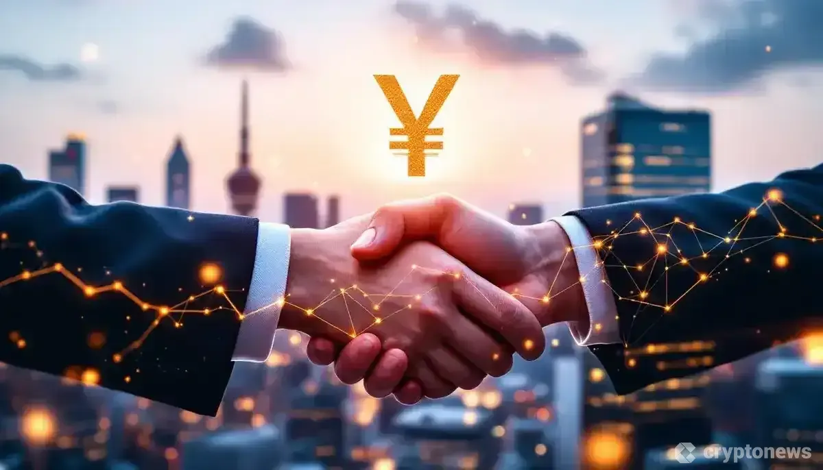 SBIと三井住友銀行の提携を象徴する、日本の円マークとデジタルな握手が描かれた未来的な画像