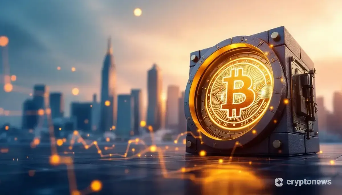 ビットコインを企業の財務資産として取り入れる日本のオフィスビルを象徴する未来的なイメージ