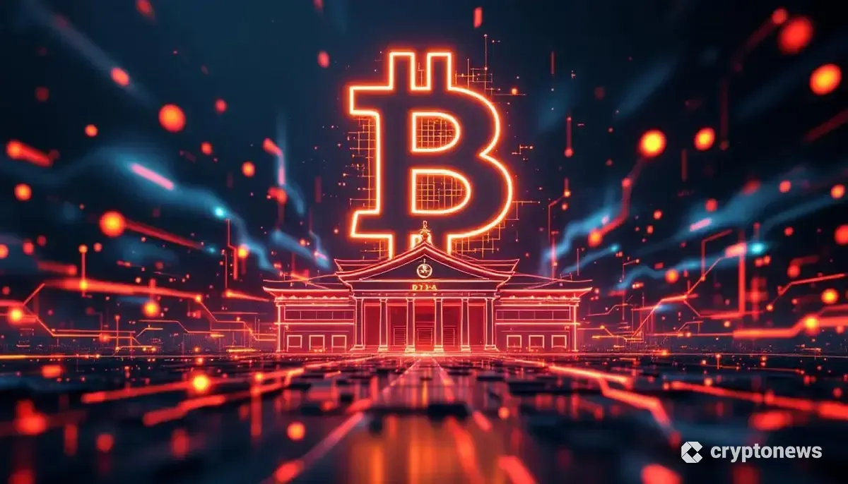 日本の国会議事堂とビットコインのシンボルが融合した未来的なイメージ
