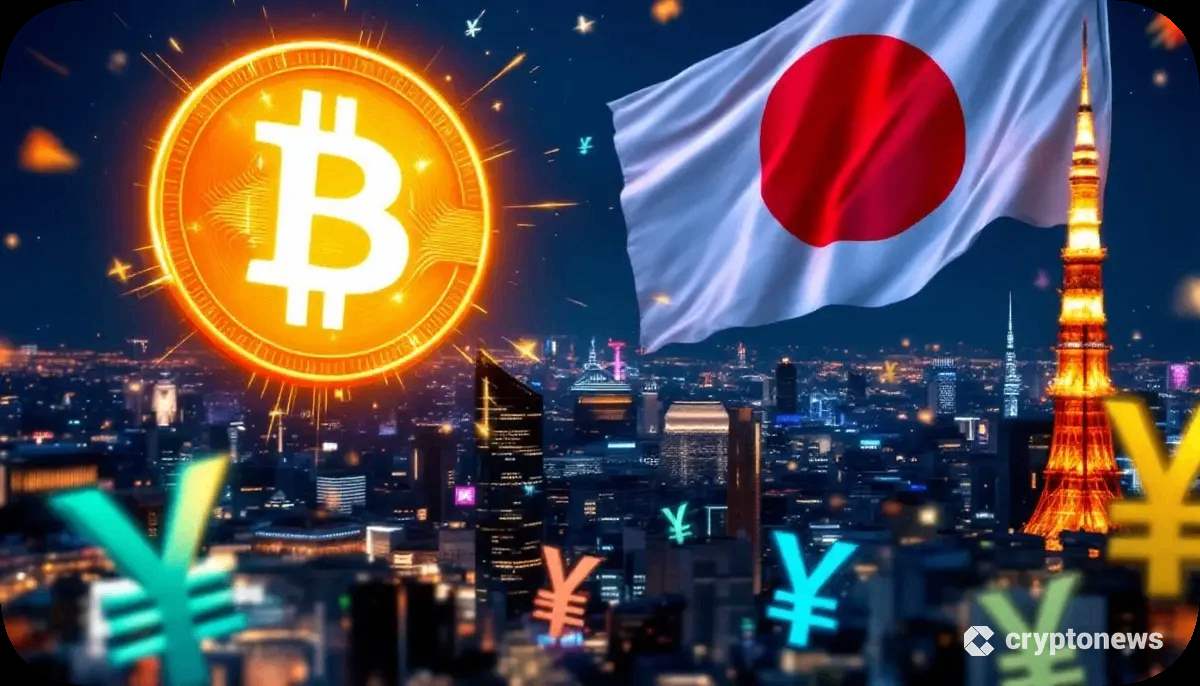 ビットコインのシンボルが円安から日本国旗を守る様子の象徴的な画像
