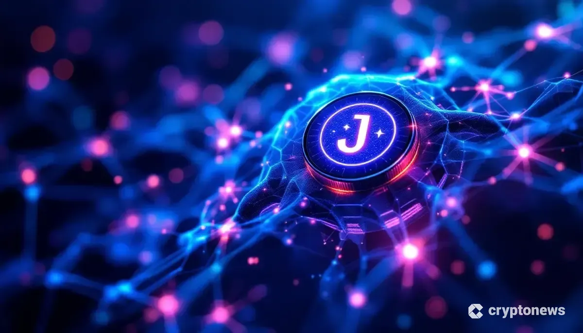 AIのニューラルネットワークとブロックチェーンが融合する未来的なイメージ図