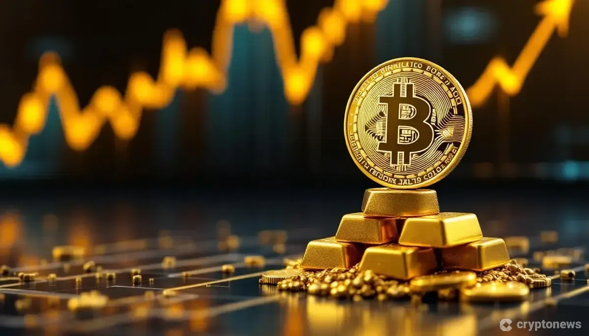 天秤の上で金の延べ棒と均衡を保つビットコインのコイン。背景には上昇を示すグラフが描かれている。