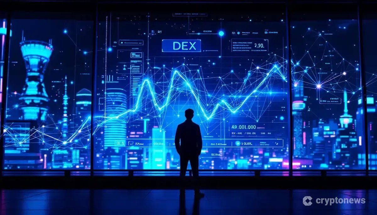 AIとDEXの融合を象徴する未来的なホログラムインターフェースの画像