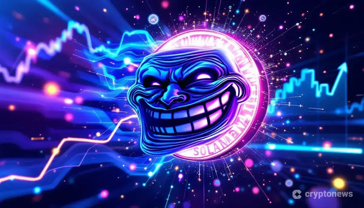 インターネットミームのTrollfaceとソラナのロゴが融合した未来的な画像