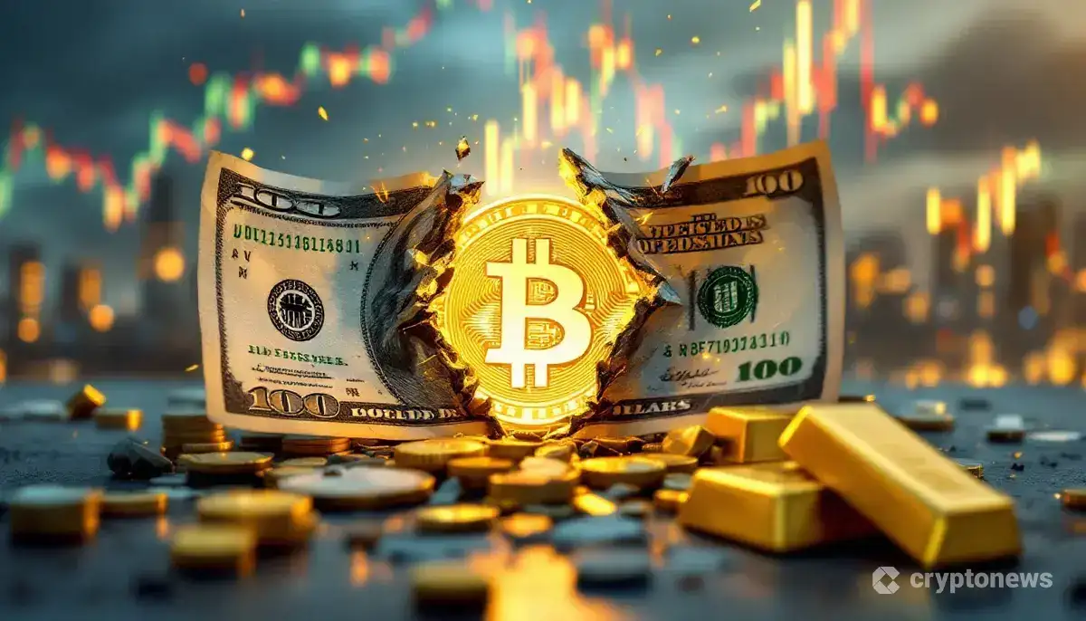 崩れるドル紙幣と輝くビットコイン、金の延べ棒が描かれた、金融の力関係の変化を象徴する画像