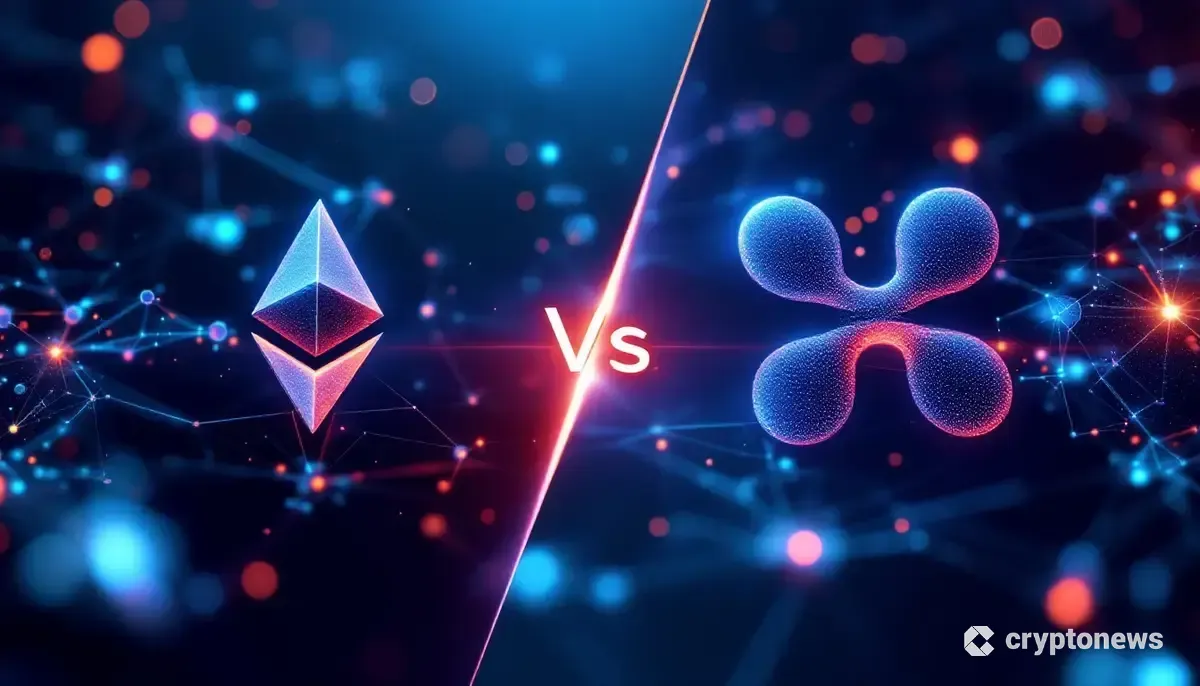 イーサリアムとリップルのロゴが対峙する未来的な仮想通貨のイメージ