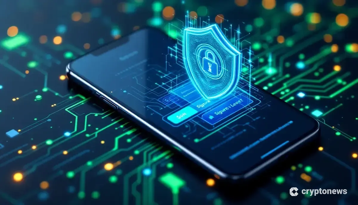 iPhone 17の画面に表示された安全な仮想通貨ウォレットと、それを保護するデジタルシールドのイメージ