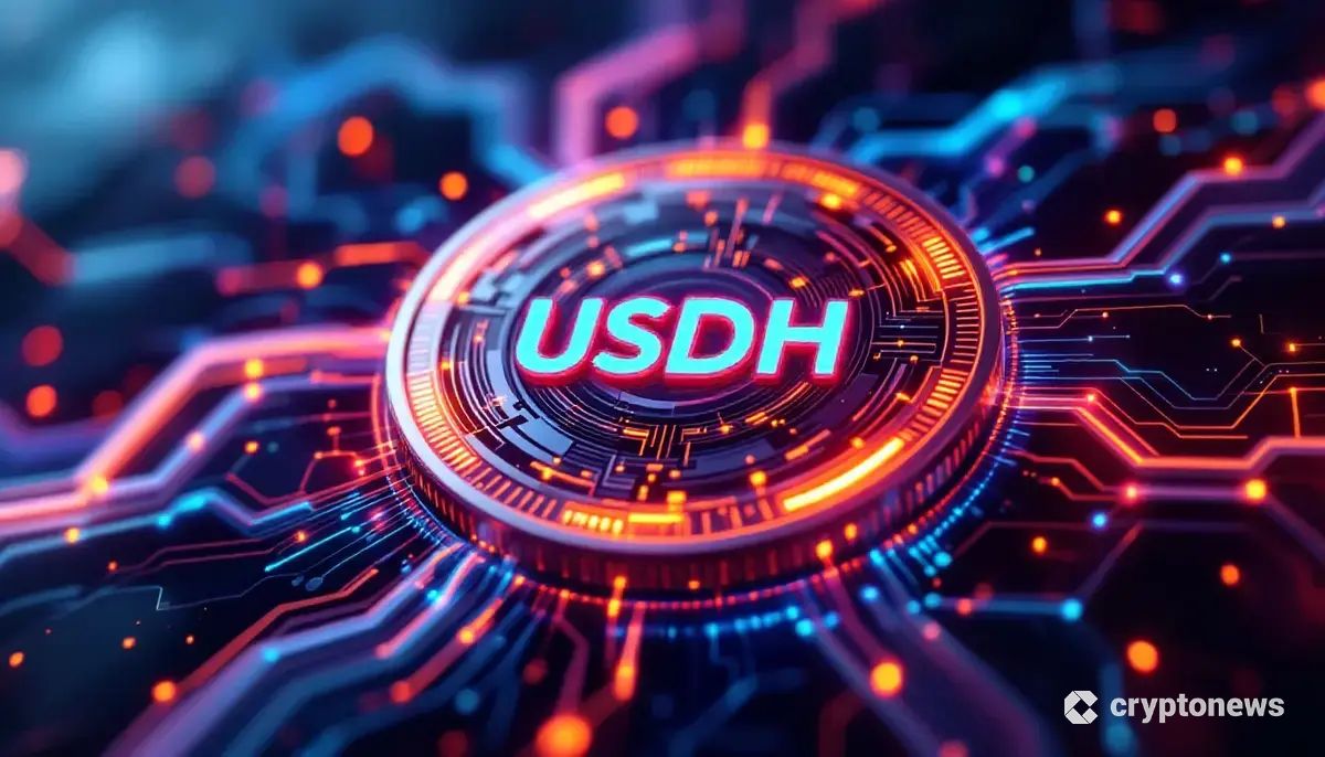未来的なネットワークを背景に輝くUSDHステーブルコインのロゴ