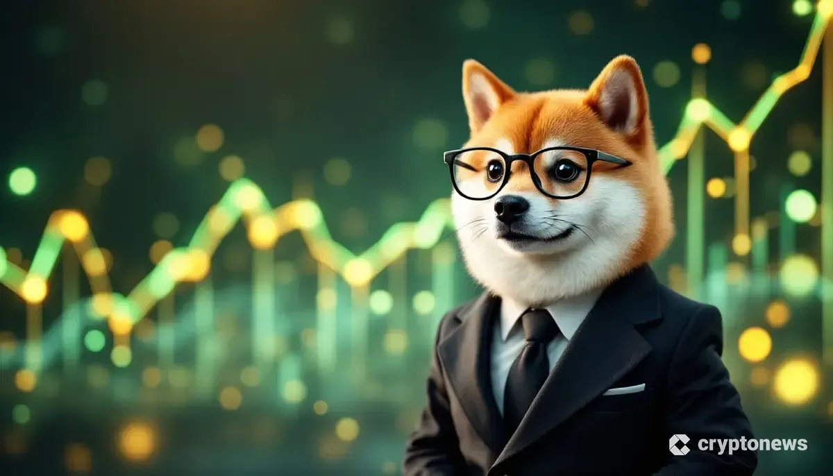 ドージコインのシンボルである柴犬が、上昇する金融チャートを背景に前を向いているイラスト