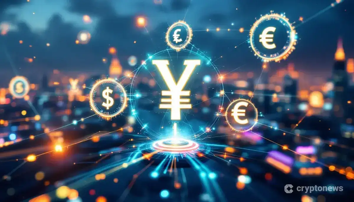 ブロックチェーンネットワークで繋がる日本円と世界の通貨シンボルを描いた未来的な金融のイメージ