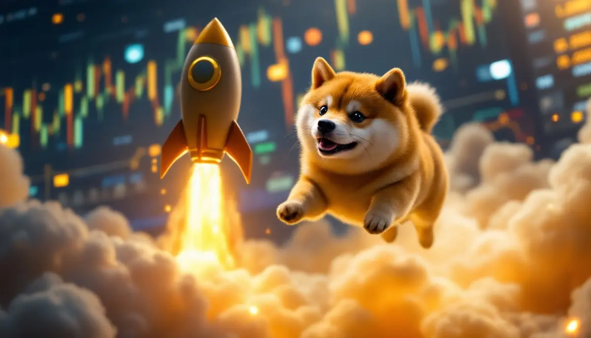 ドージコインを表す柴犬がロケットのように上昇していく様子を描いた未来的なイラスト。