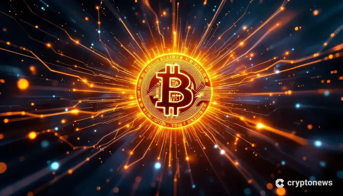量子コンピュータの脅威に晒されるビットコインのロゴを象徴した未来的な画像