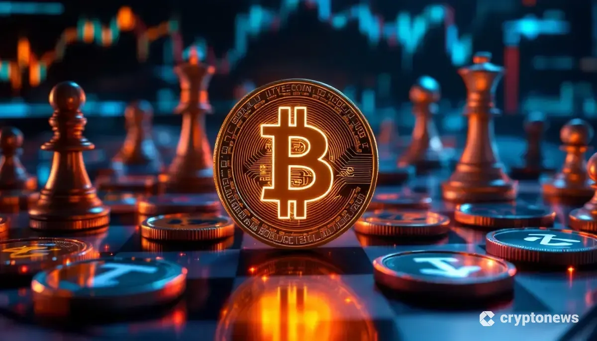 チェス盤の上で対峙するUSDCやTetherなどの仮想通貨コイン。ステーブルコイン市場の競争激化を象徴している