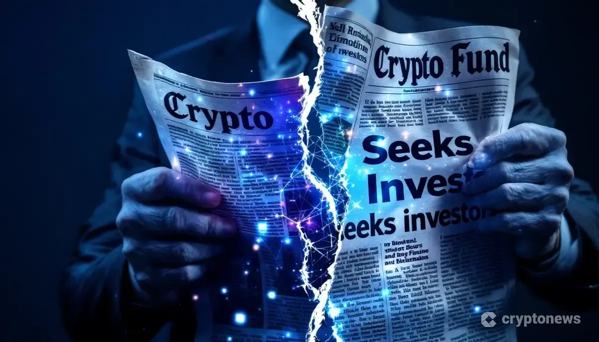 外部資金調達に関するニュース記事が引き裂かれ、背景にブロックチェーンのパターンが見える画像